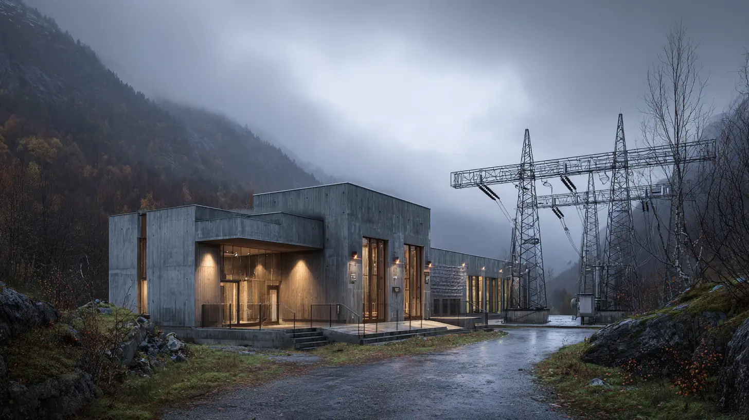 En moderne trafostasjonsbygning i betong med opplyste vinduer står ved siden av strømmaster i metall i et tåkete, fjellaktig landskap.