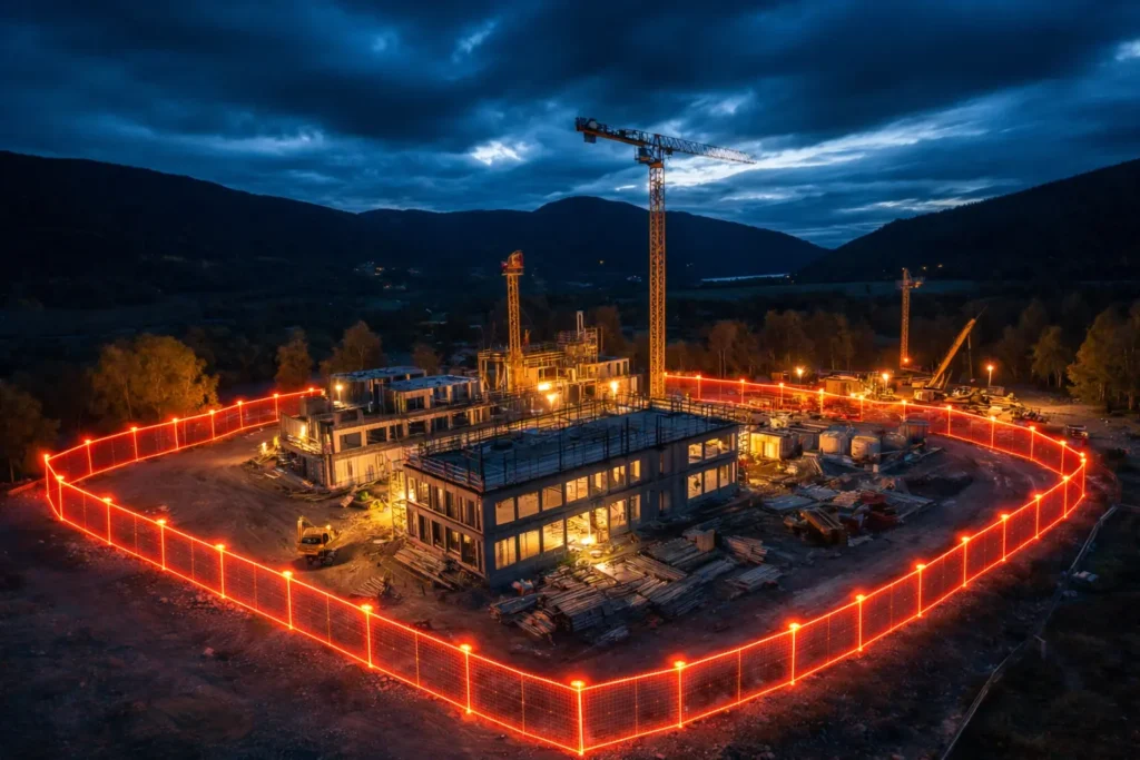 En nattbelyst byggeplass, omgitt av et lysende oransje gjerde, viser kraner og materialer under en overskyet himmel - et eksempel på hvordan Onsite-løsningen for byggebransjen effektiviserer arbeidet døgnet rundt.