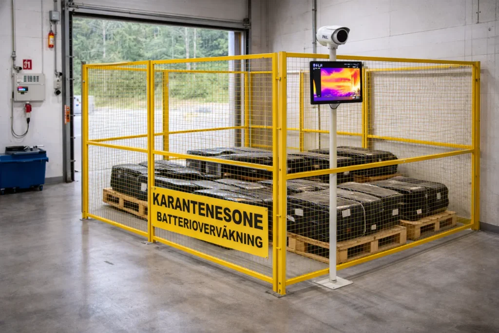 En inngjerdet karantenesone merket "Karantensone Batteriovervåkning" inneholder flere batteripakker på paller, overvåket av et varmekamera og screen-en del av onsite-løsningen for bildemonteringsbransjen.