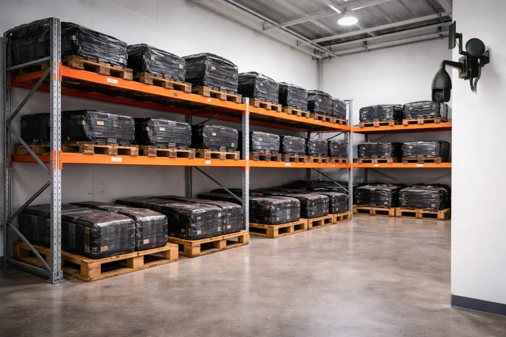 Hyller og gulvplass i en lagerbygning rommer flere trepaller stablet med svart innpakkede varer - en organisert setting som er ideell for Onsite-løsningen for bildemonteringsbransjen, alt mot hvite vegger og et polert betonggulv.